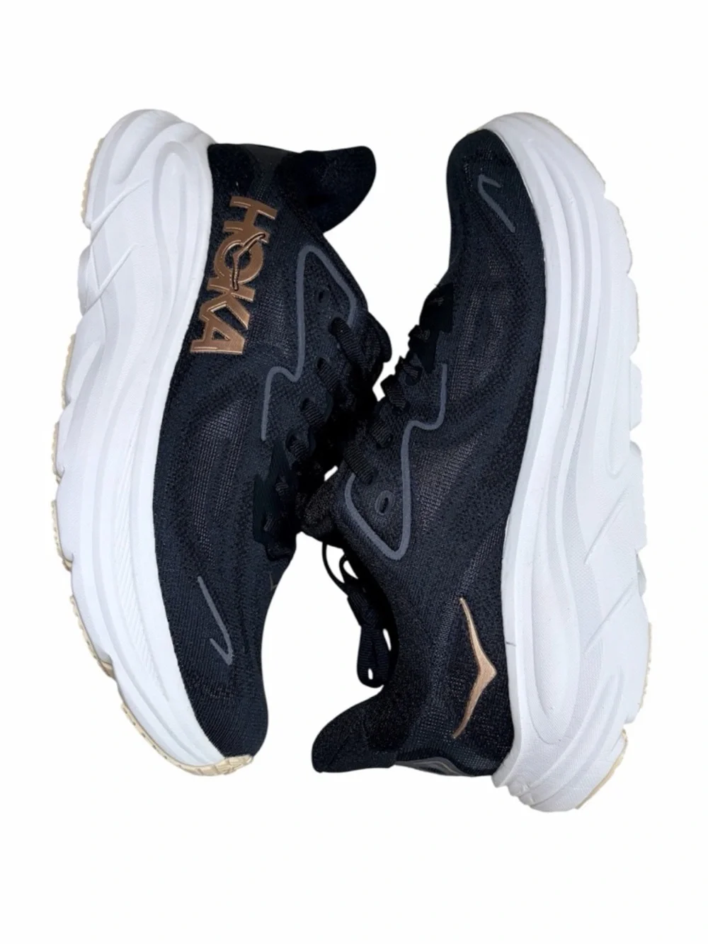 Hoka Clifton 10 Black/White and Rose Gold Low-Profile Running Sneaker Sz 9.5